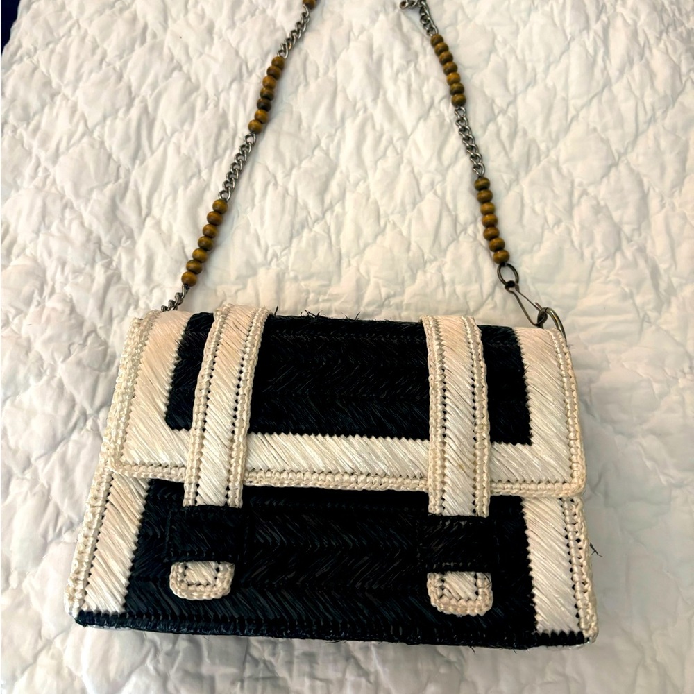 Black and white straw purse